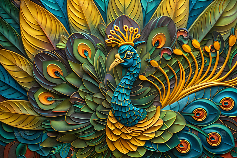 浮雕孔雀油画质感素材