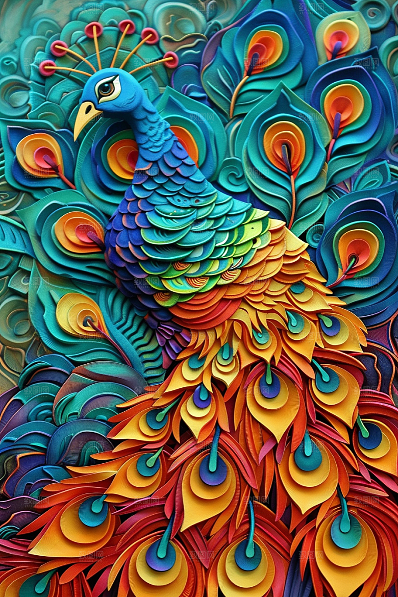 浮雕孔雀国潮风纹理素材