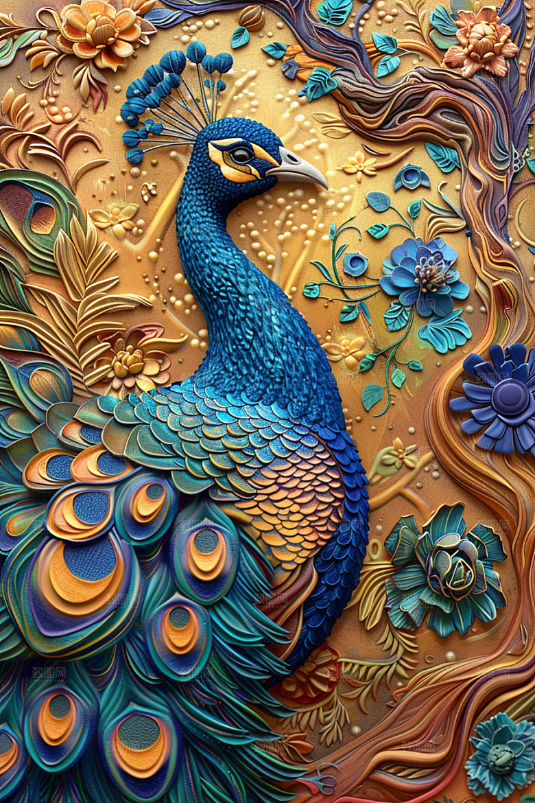 浮雕孔雀油画立体素材