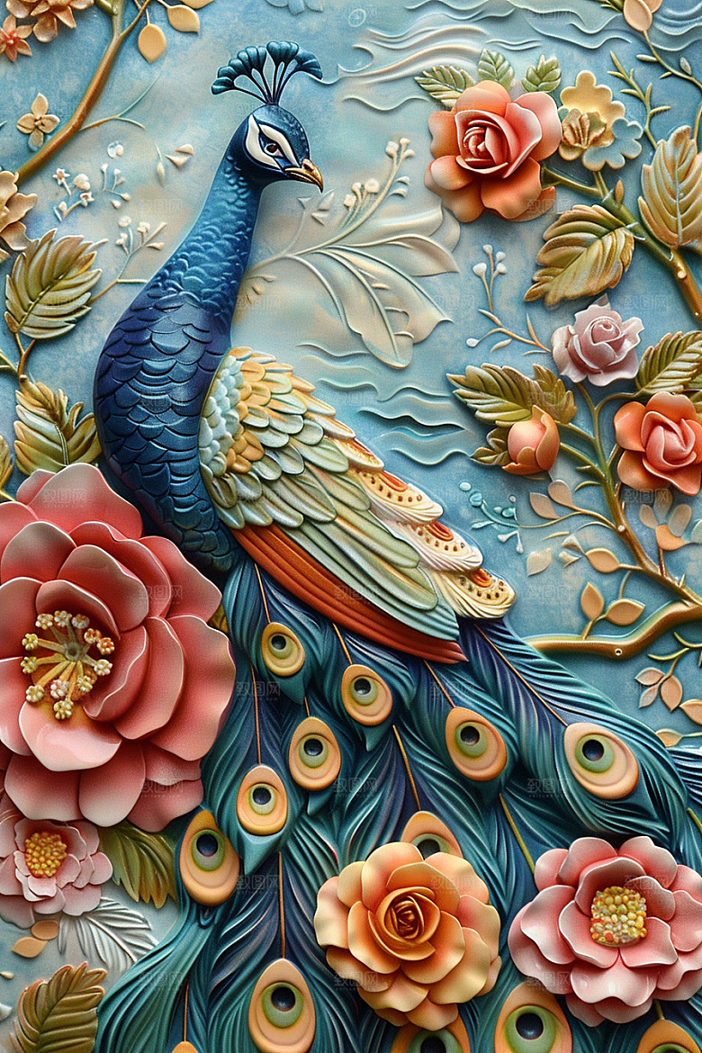 浮雕孔雀油画唯美素材