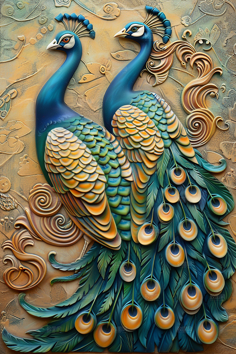 浮雕孔雀绚丽油画素材