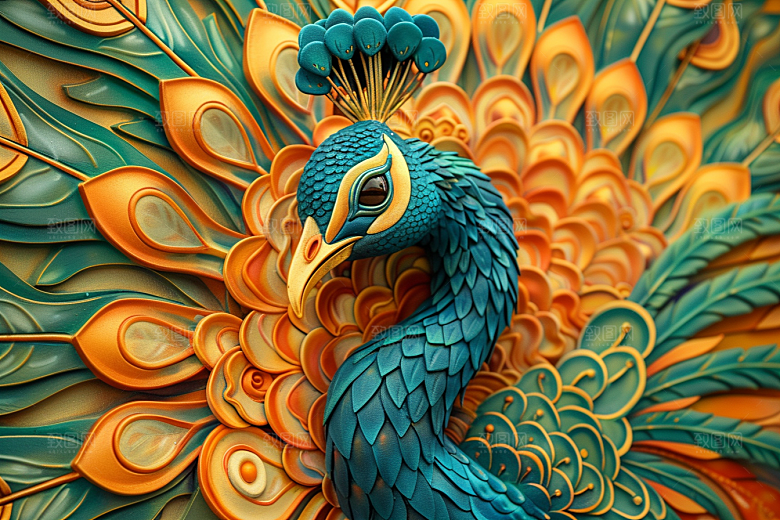 浮雕孔雀3D彩色素材