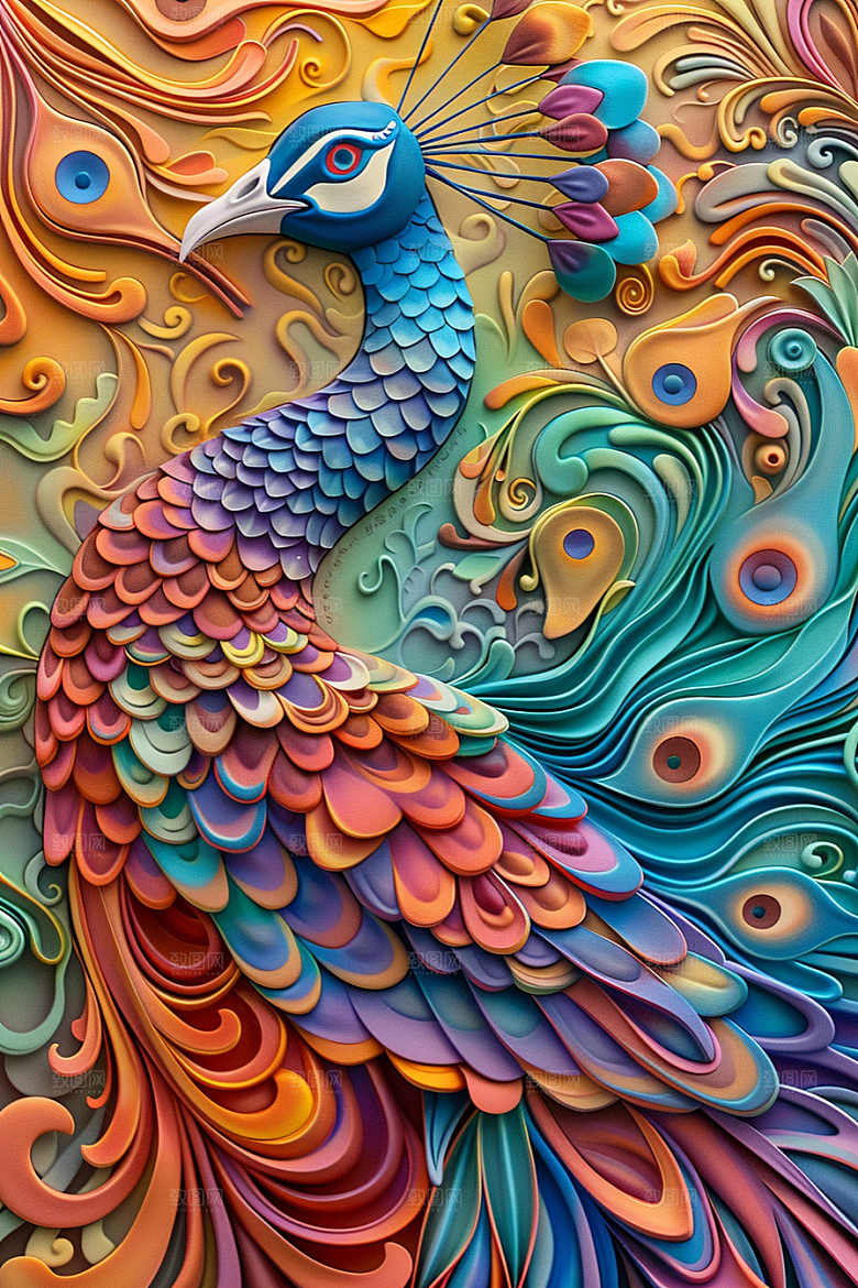 浮雕孔雀3D唯美素材