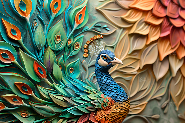 浮雕孔雀彩色绚丽素材