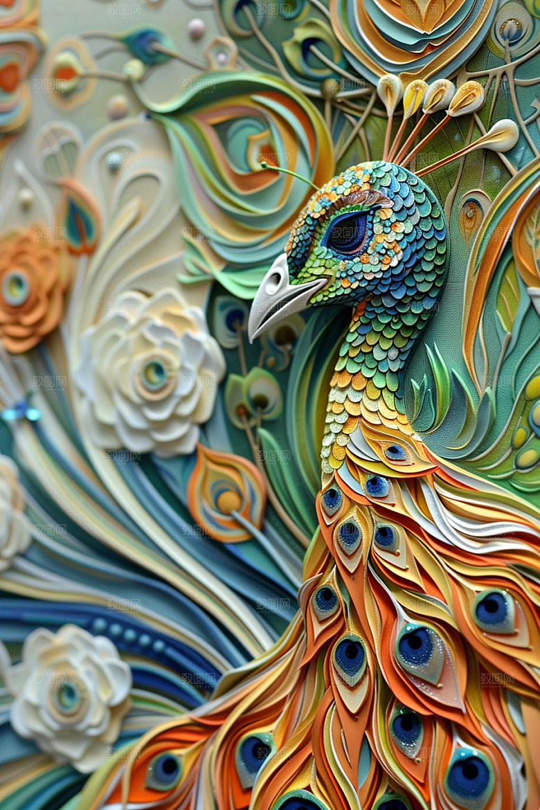 浮雕孔雀质感3D素材