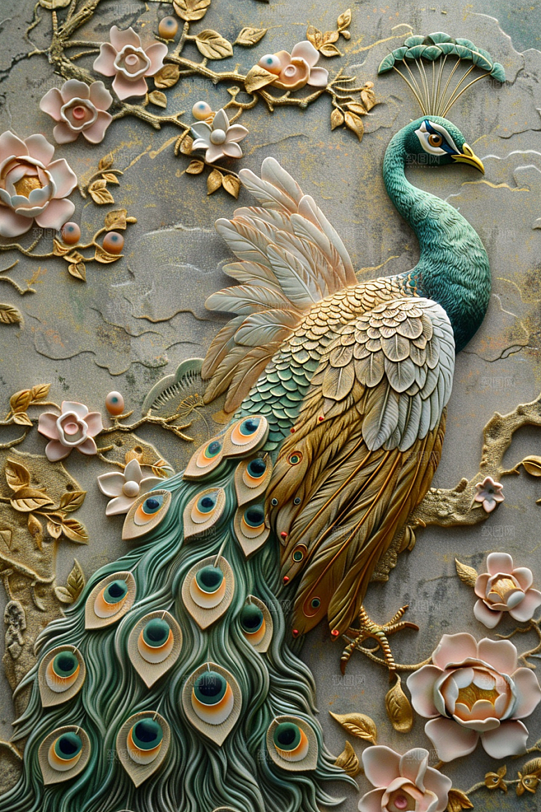 浮雕孔雀立体国潮风素材