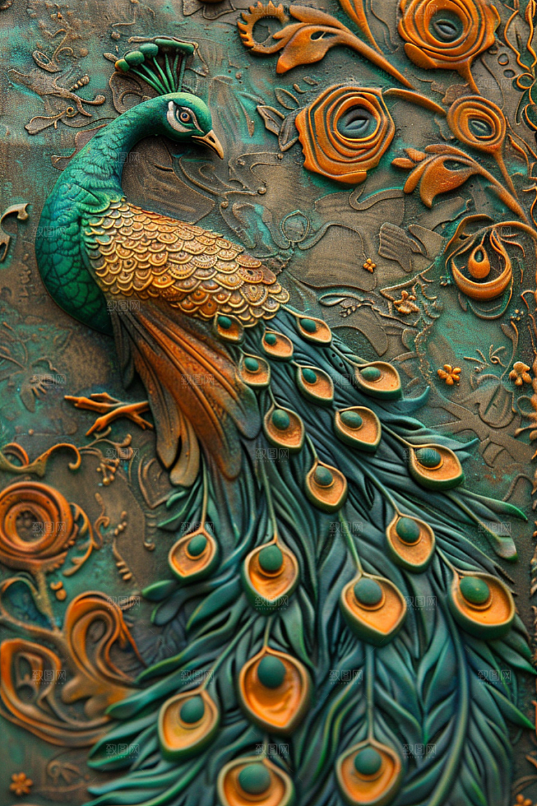 浮雕孔雀唯美油画素材