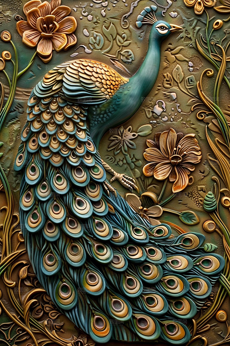 浮雕孔雀唯美立体素材