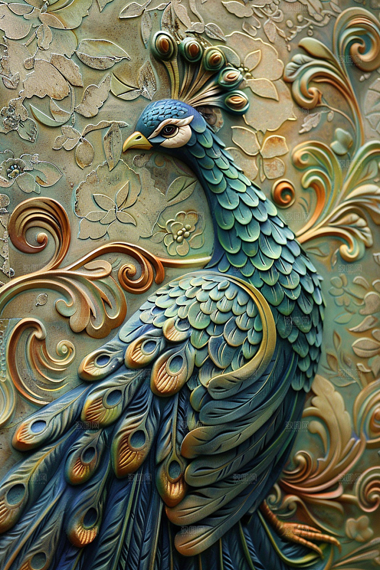 浮雕孔雀凹凸国潮风素材