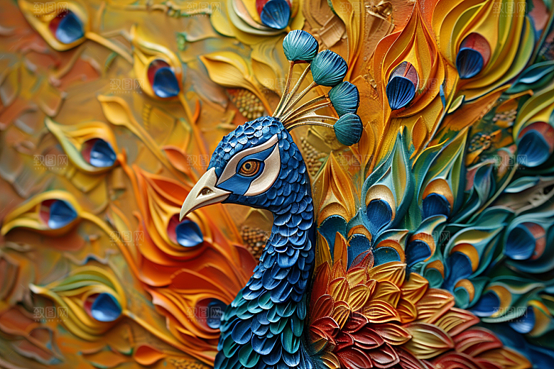 浮雕孔雀油画高清素材
