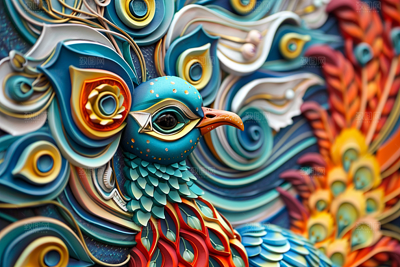 浮雕孔雀雕刻国潮风素材