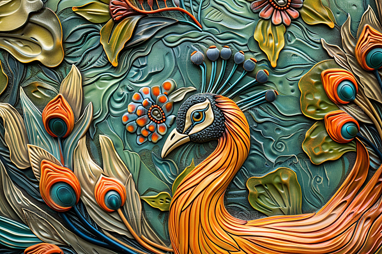 浮雕孔雀肌理油画素材