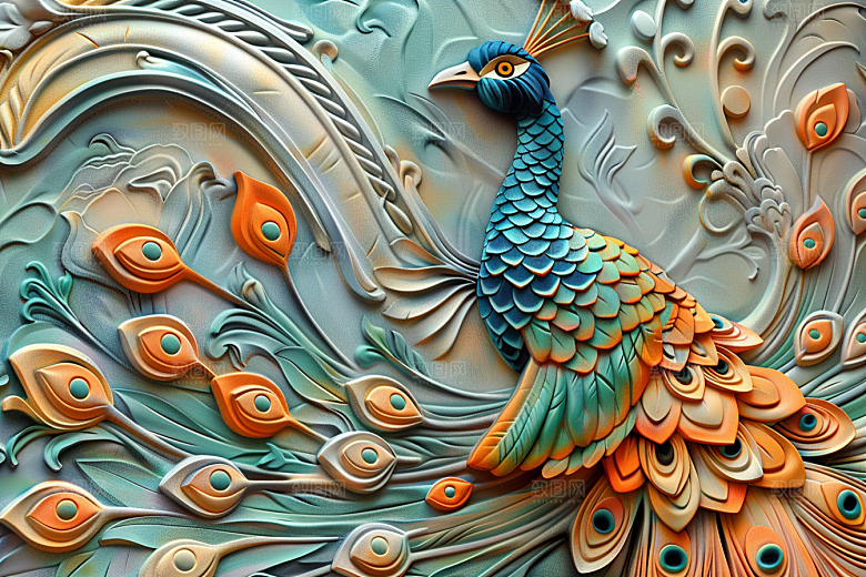 浮雕孔雀质感油画素材