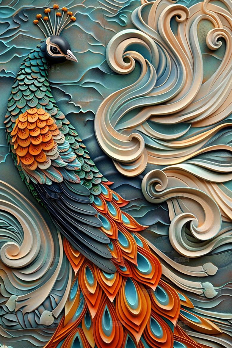 浮雕孔雀质感彩色素材