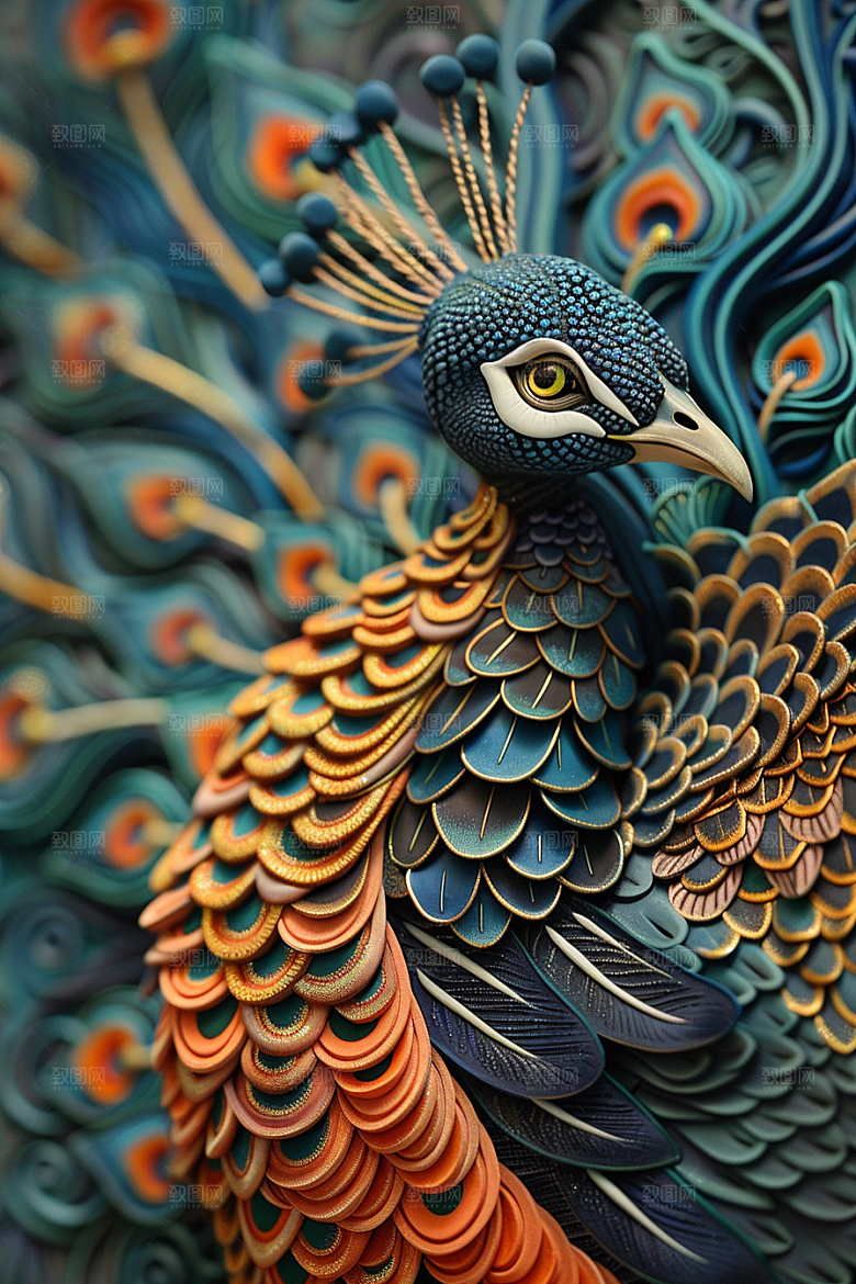 浮雕孔雀唯美3D素材