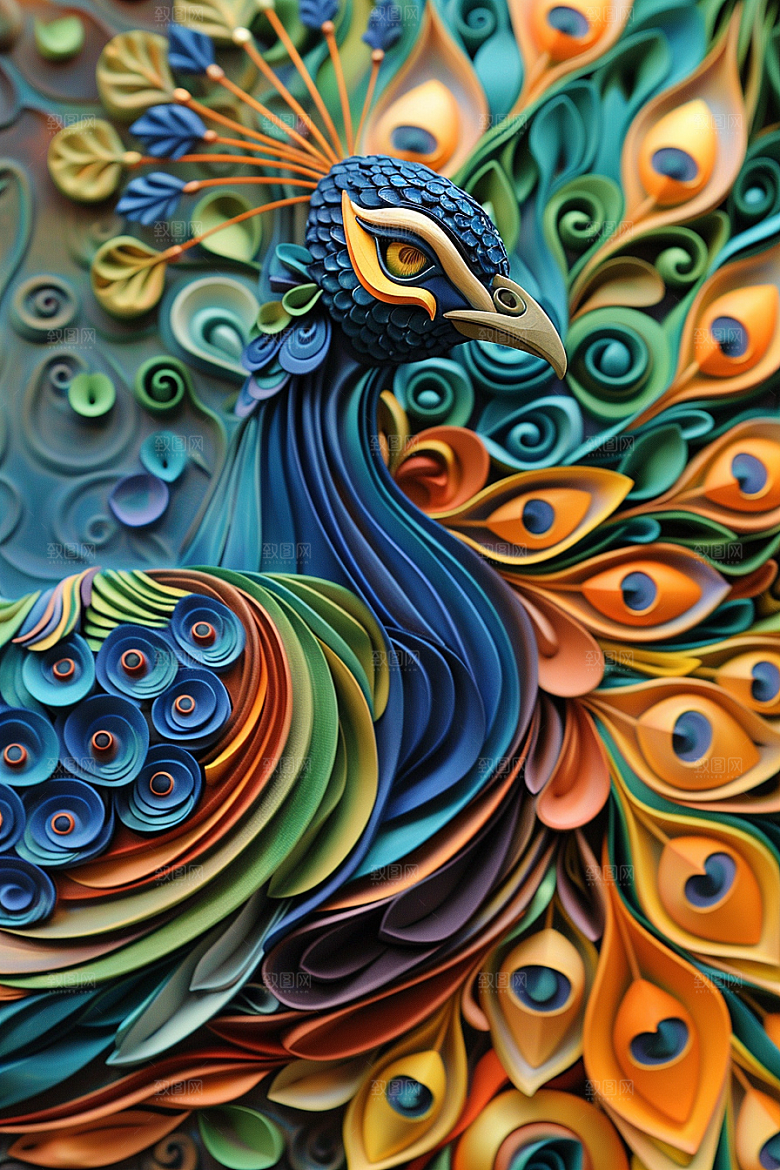 浮雕孔雀立体唯美素材