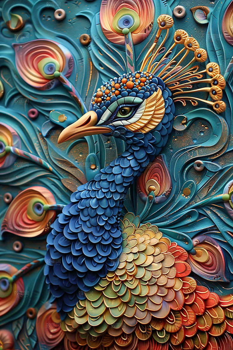 浮雕孔雀彩色高清素材