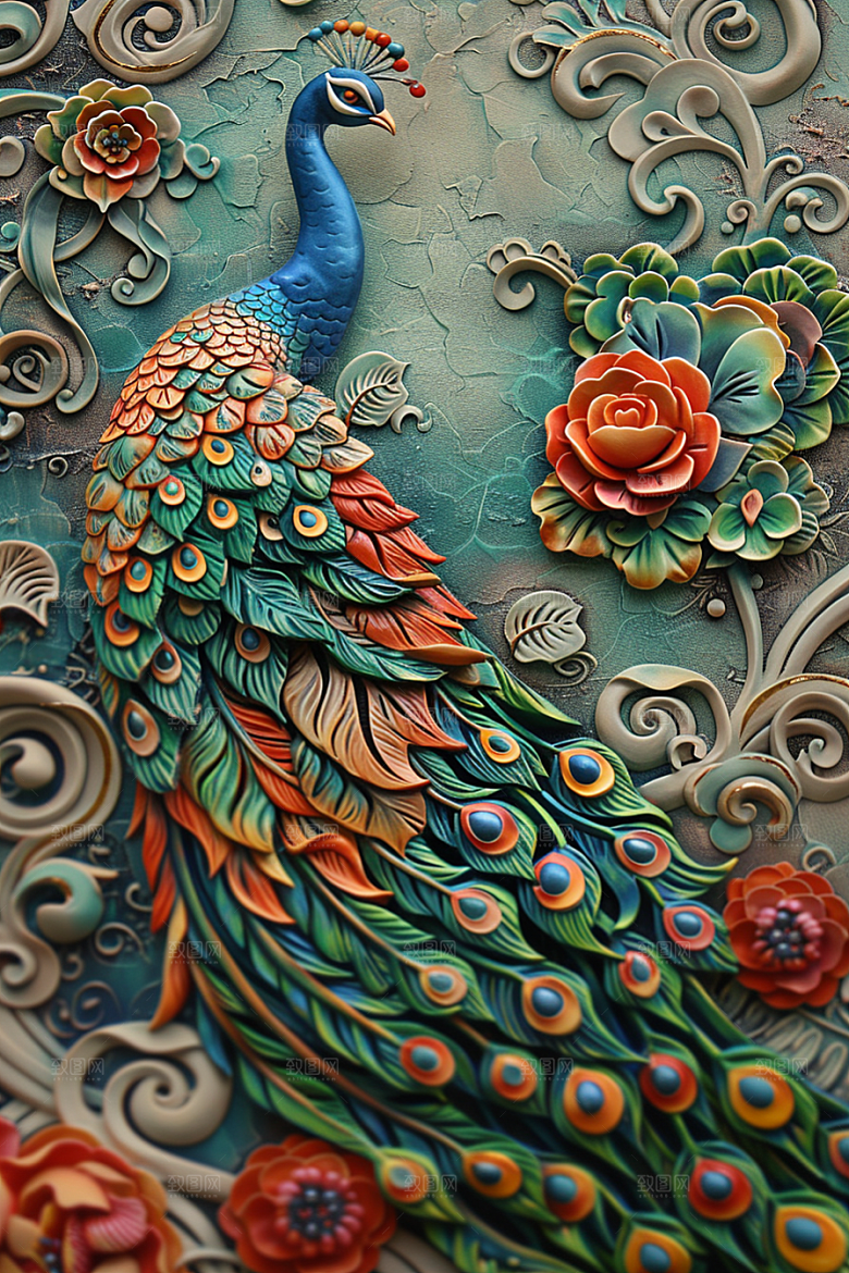 浮雕孔雀绚丽油画素材