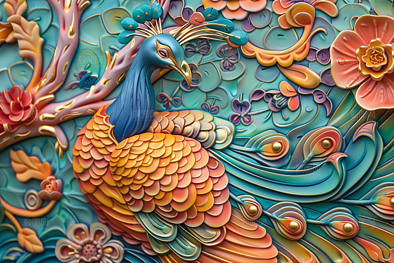 浮雕孔雀墙面装饰立体素材