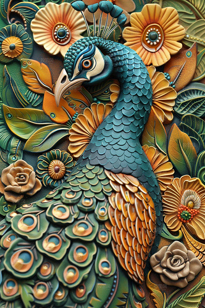 浮雕孔雀精致唯美素材