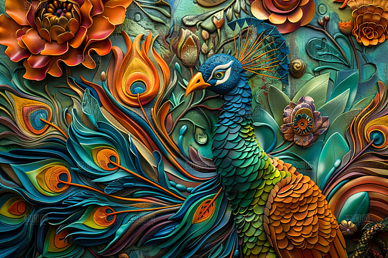 浮雕孔雀油画雕刻素材