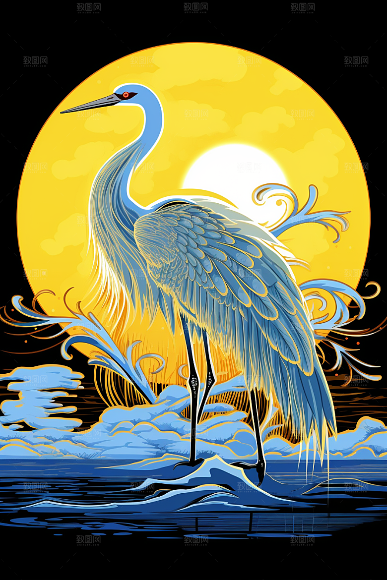 浮世绘丹顶鹤新中式吉祥图案插画