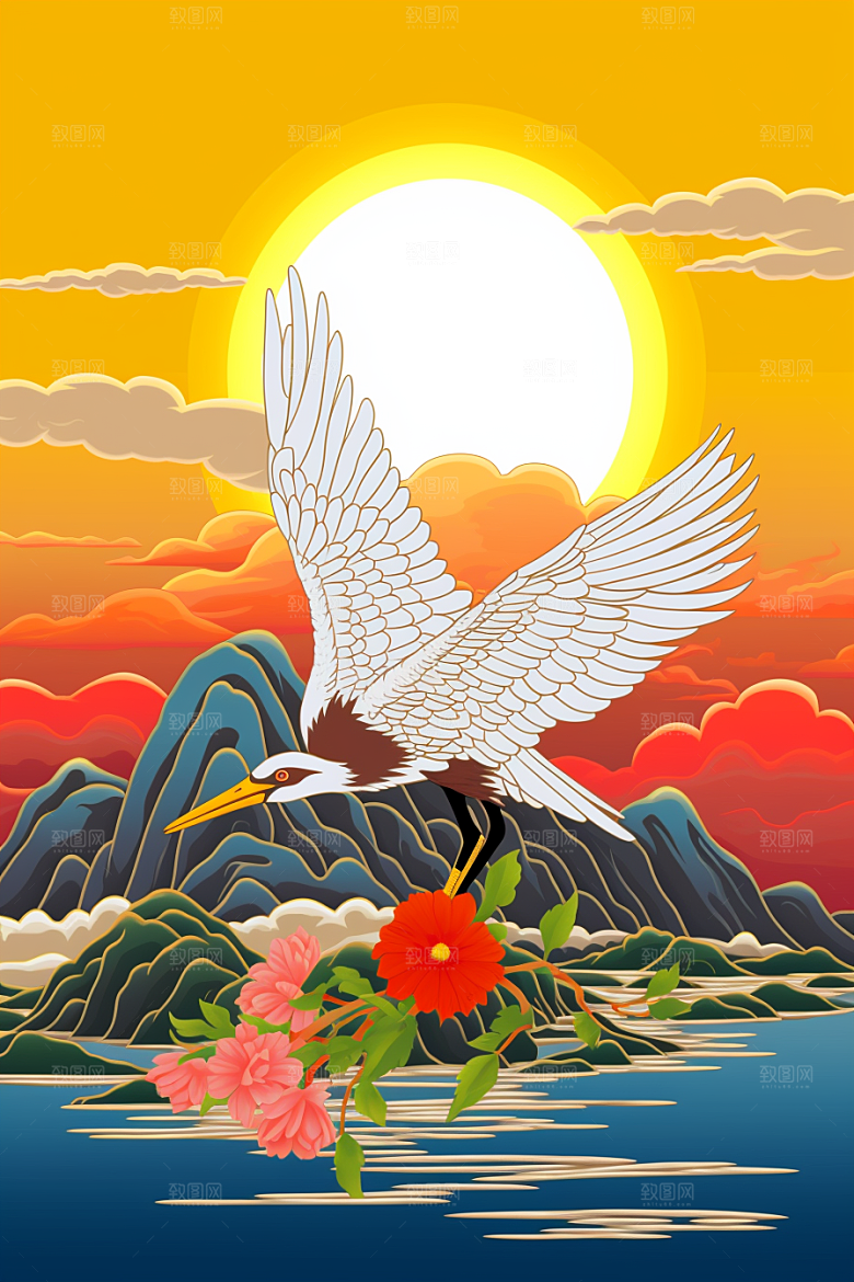 浮世绘丹顶鹤新中式中国风插画