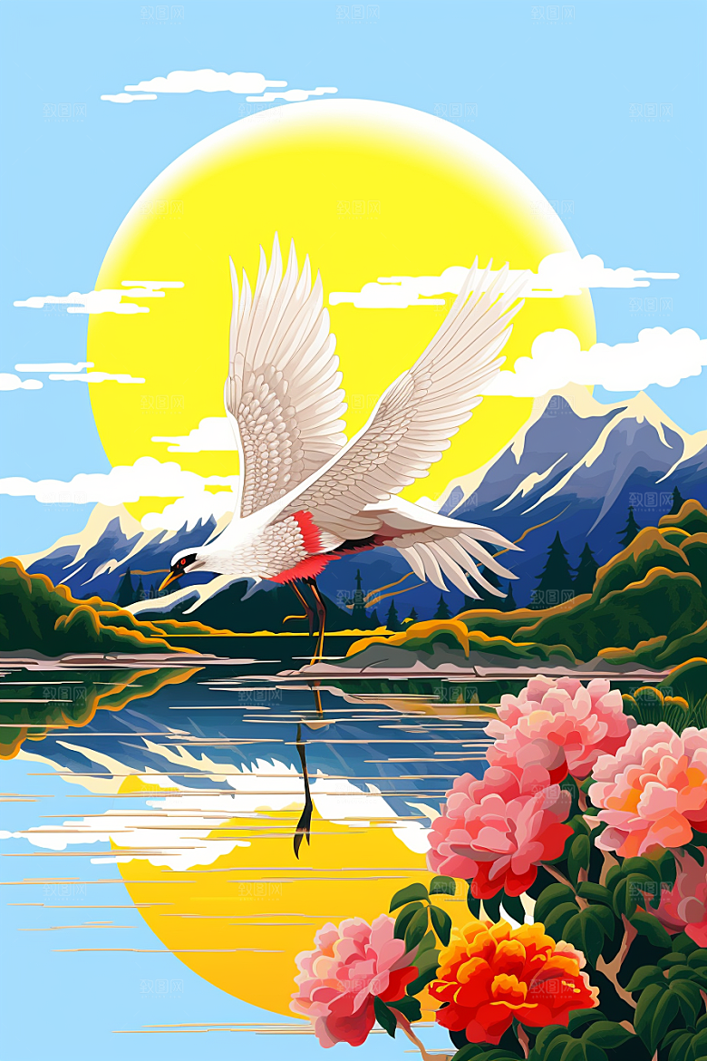 浮世绘丹顶鹤山水吉祥图案插画