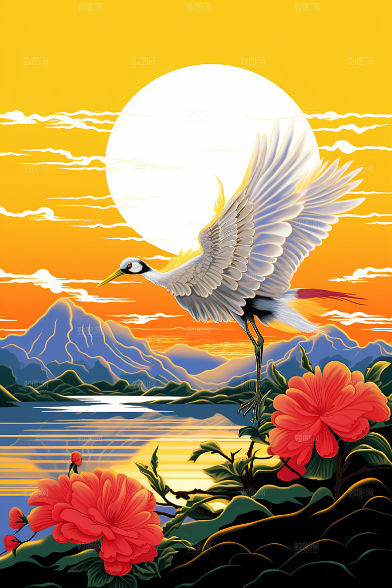 浮世绘丹顶鹤国画新中式插画