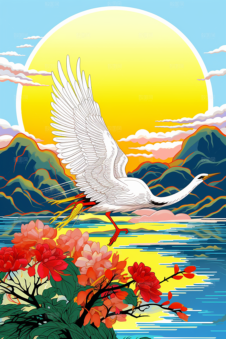 浮世绘丹顶鹤新中式国画插画