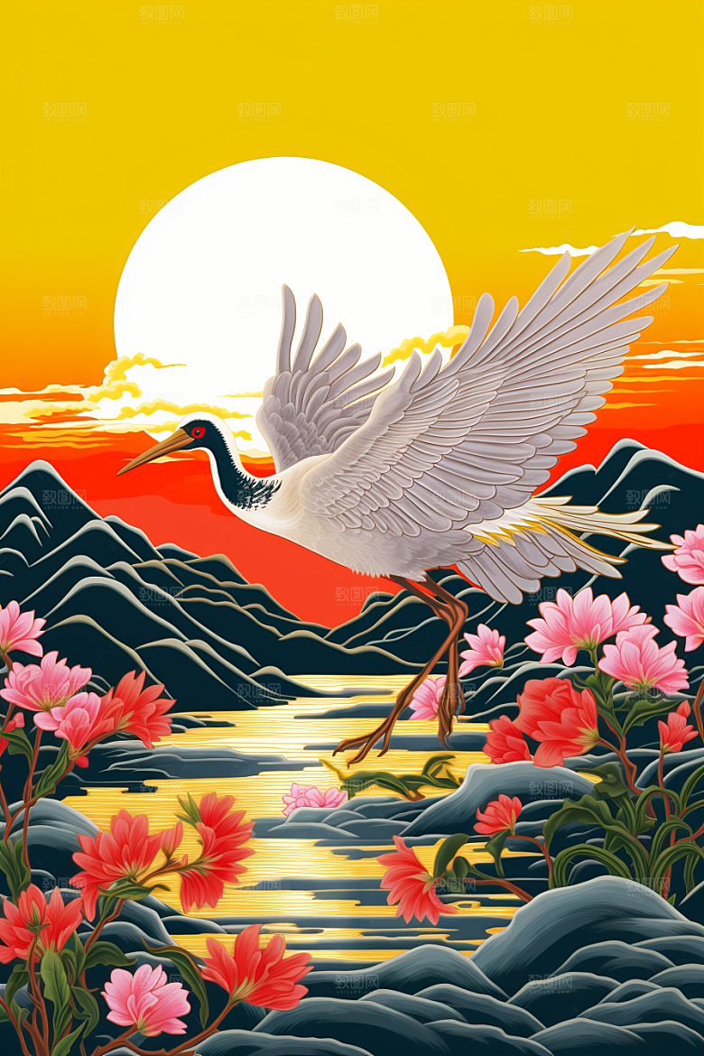 浮世绘丹顶鹤高清新中式插画