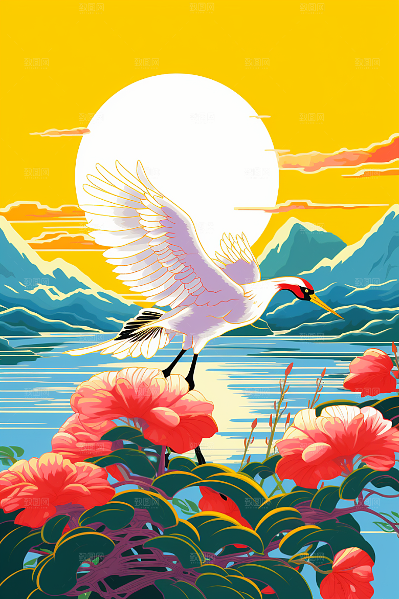 浮世绘丹顶鹤中国风国画插画