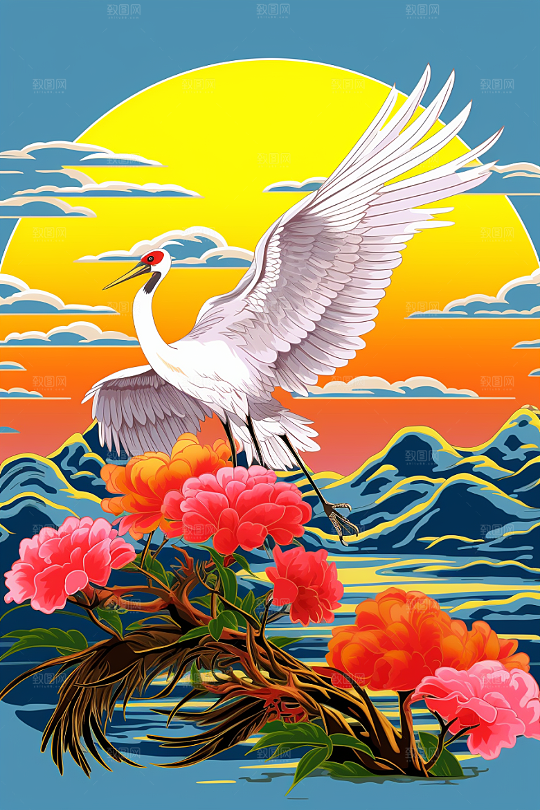 浮世绘丹顶鹤山水中国风插画