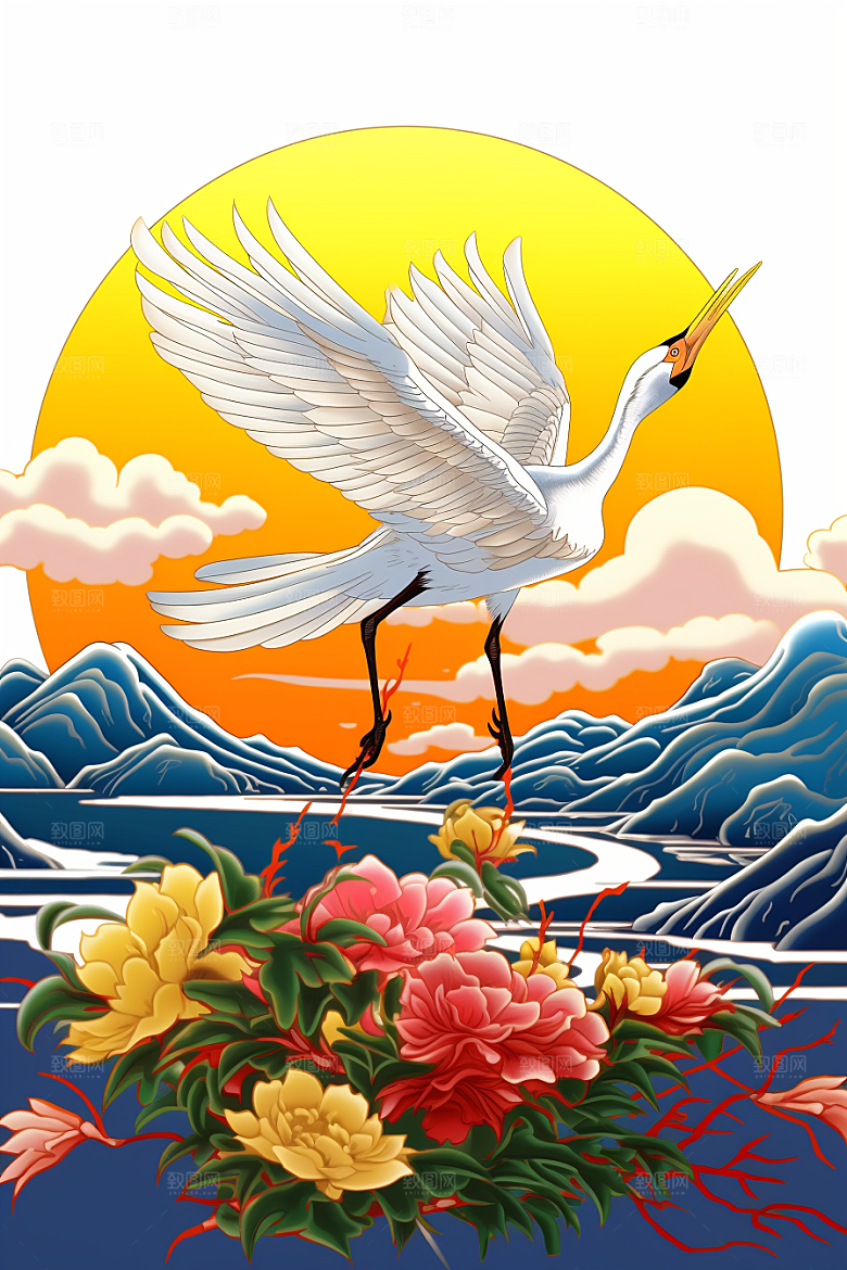 浮世绘丹顶鹤吉祥图案新中式插画