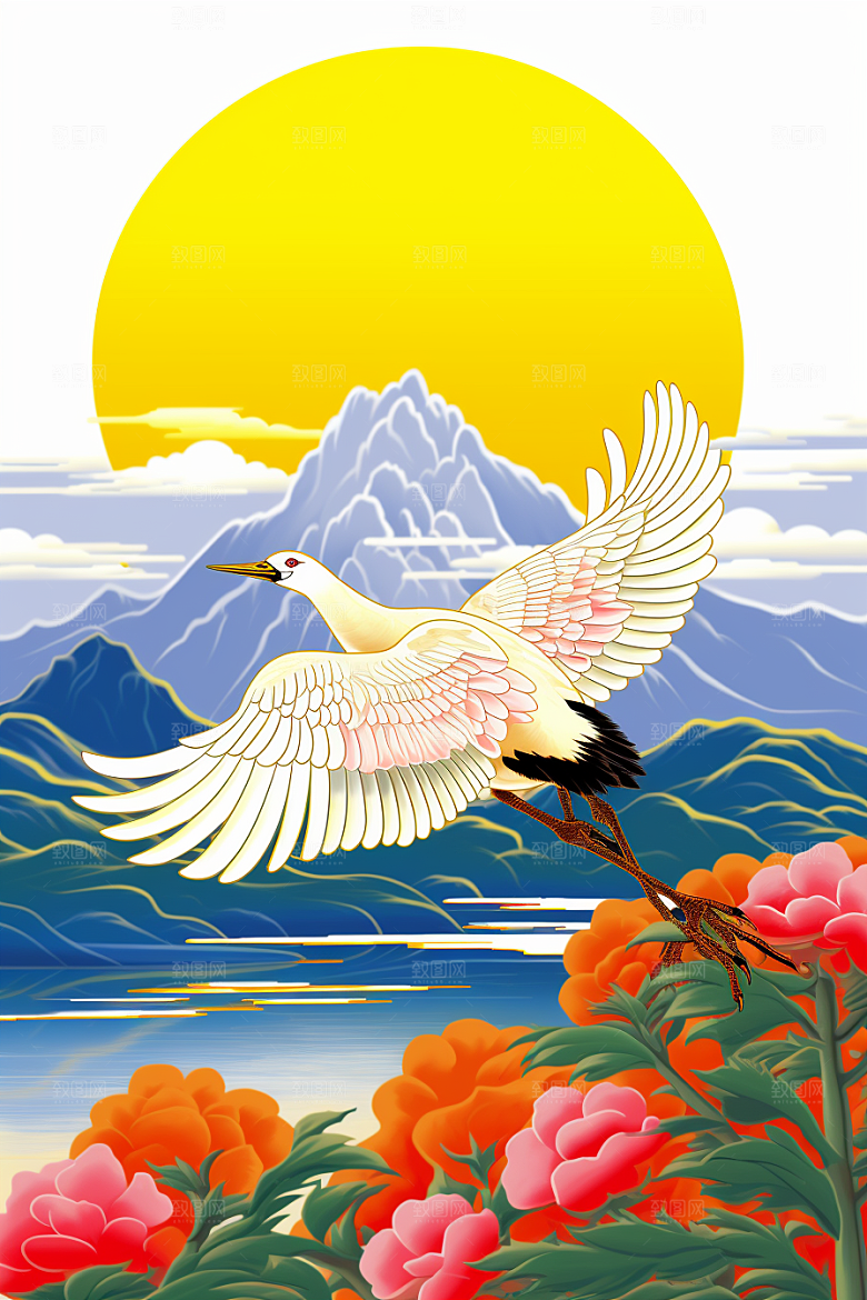 浮世绘丹顶鹤高清吉祥图案插画