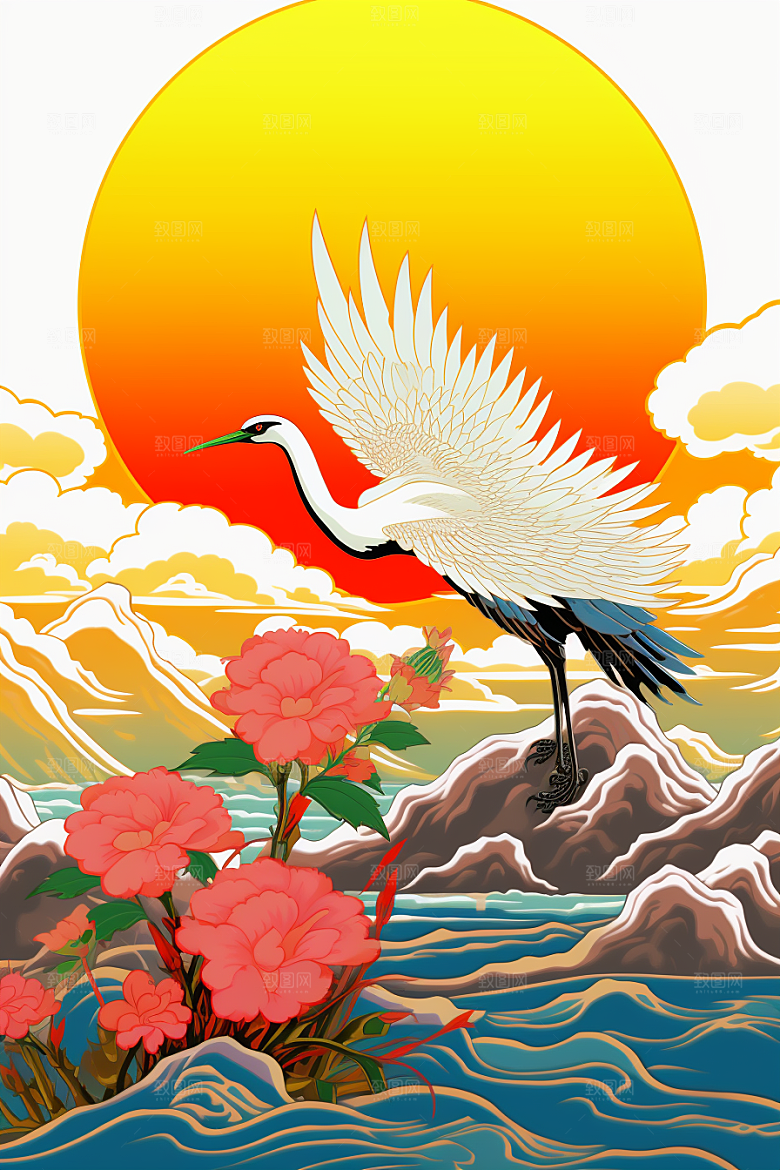 浮世绘丹顶鹤国画吉祥图案插画