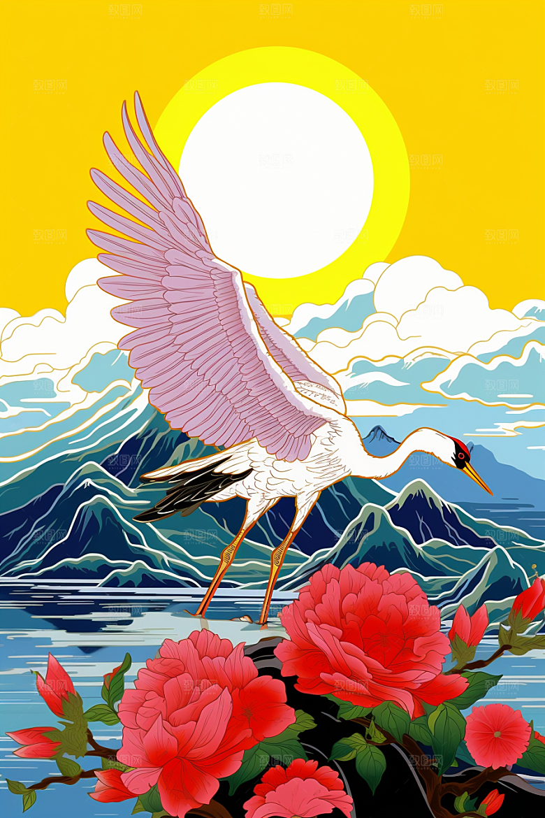浮世绘丹顶鹤中国风国画插画