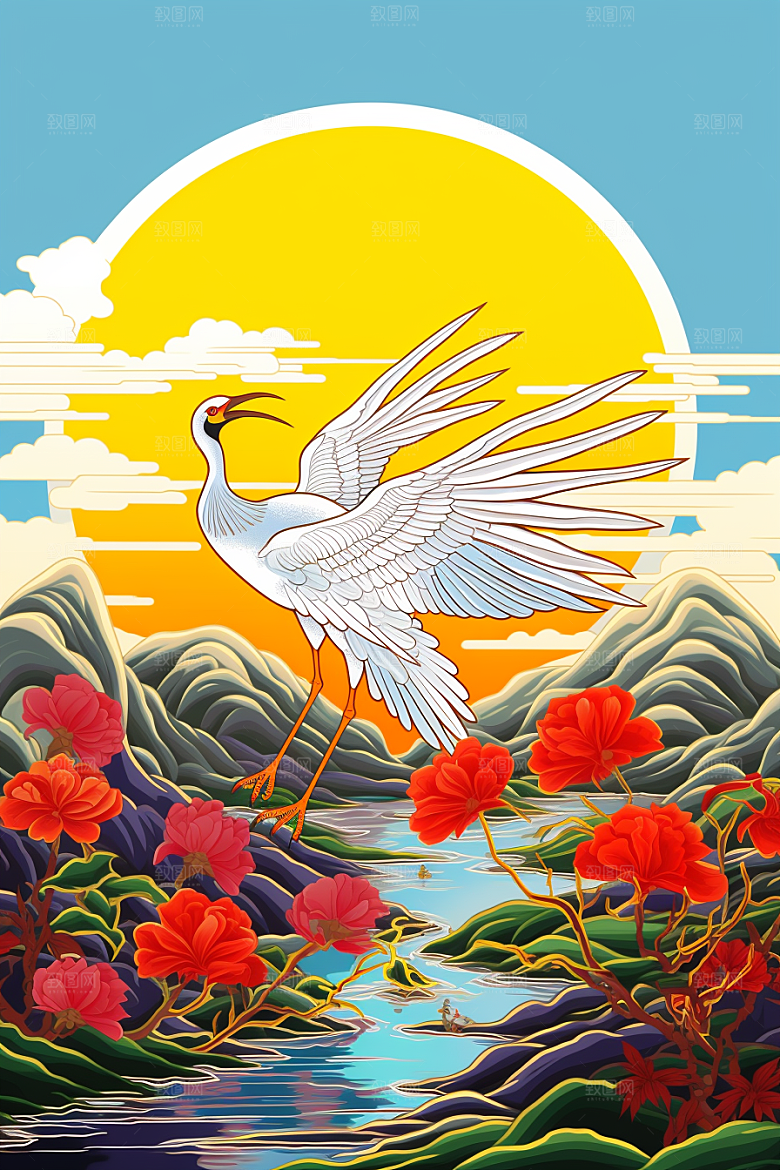 浮世绘丹顶鹤山水高清插画