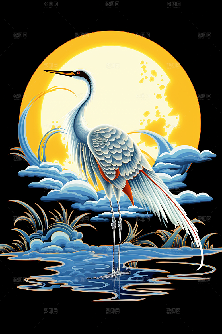 浮世绘丹顶鹤新中式山水插画