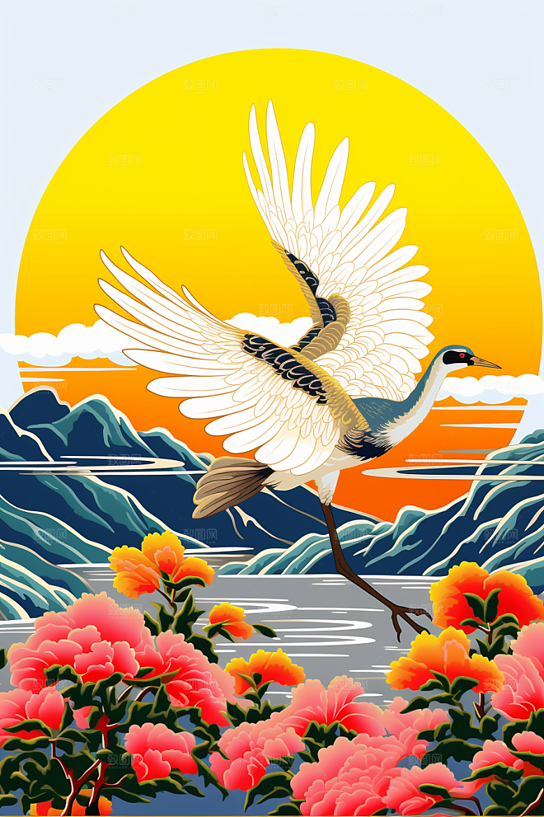 浮世绘丹顶鹤国画吉祥图案插画