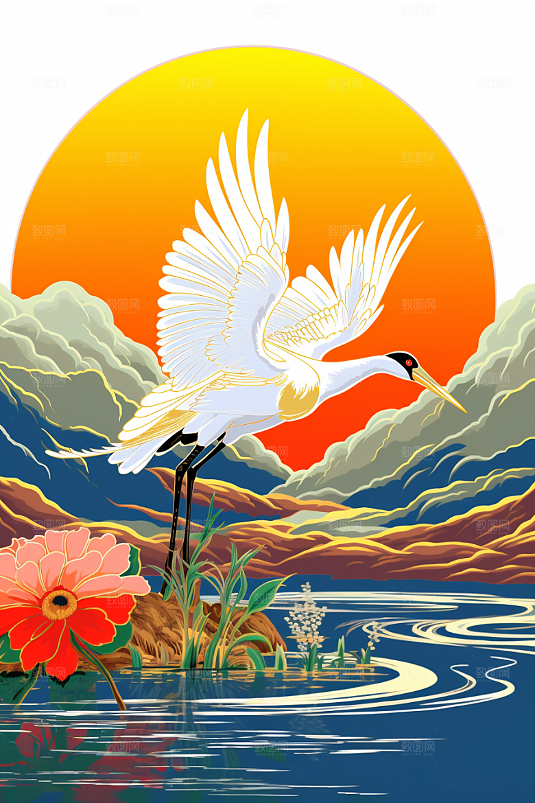 浮世绘丹顶鹤山水工笔画插画