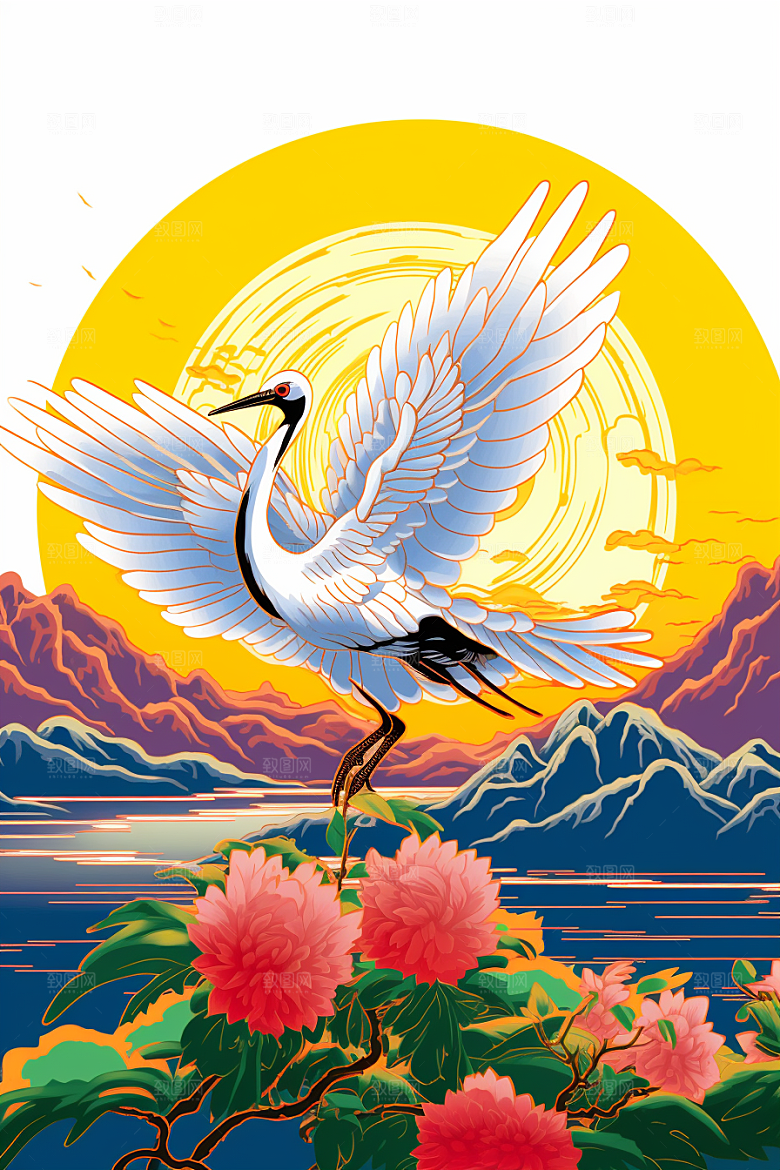 浮世绘丹顶鹤新中式工笔画插画