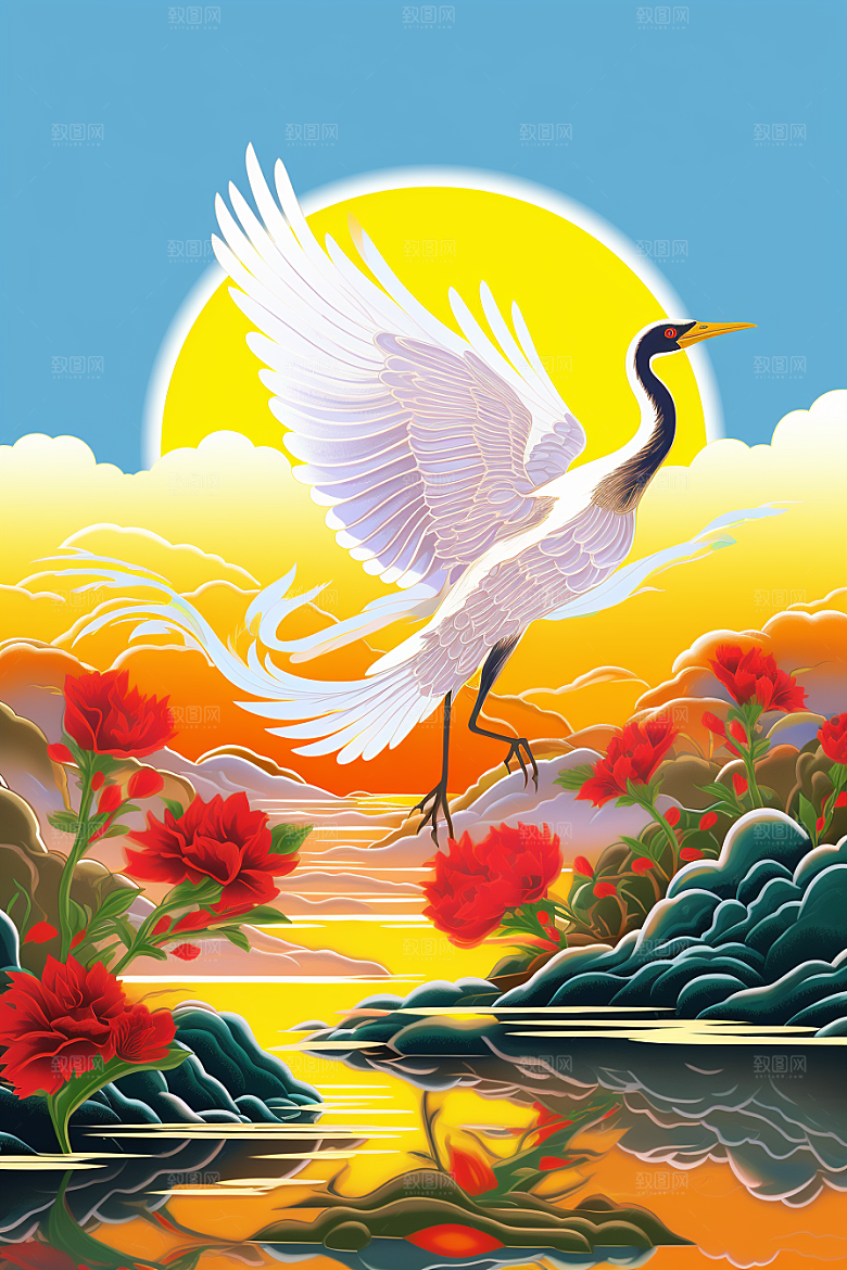 浮世绘丹顶鹤工笔画传统纹样插画
