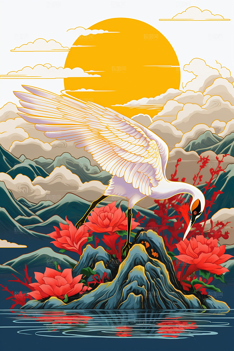 浮世绘丹顶鹤山水高清插画