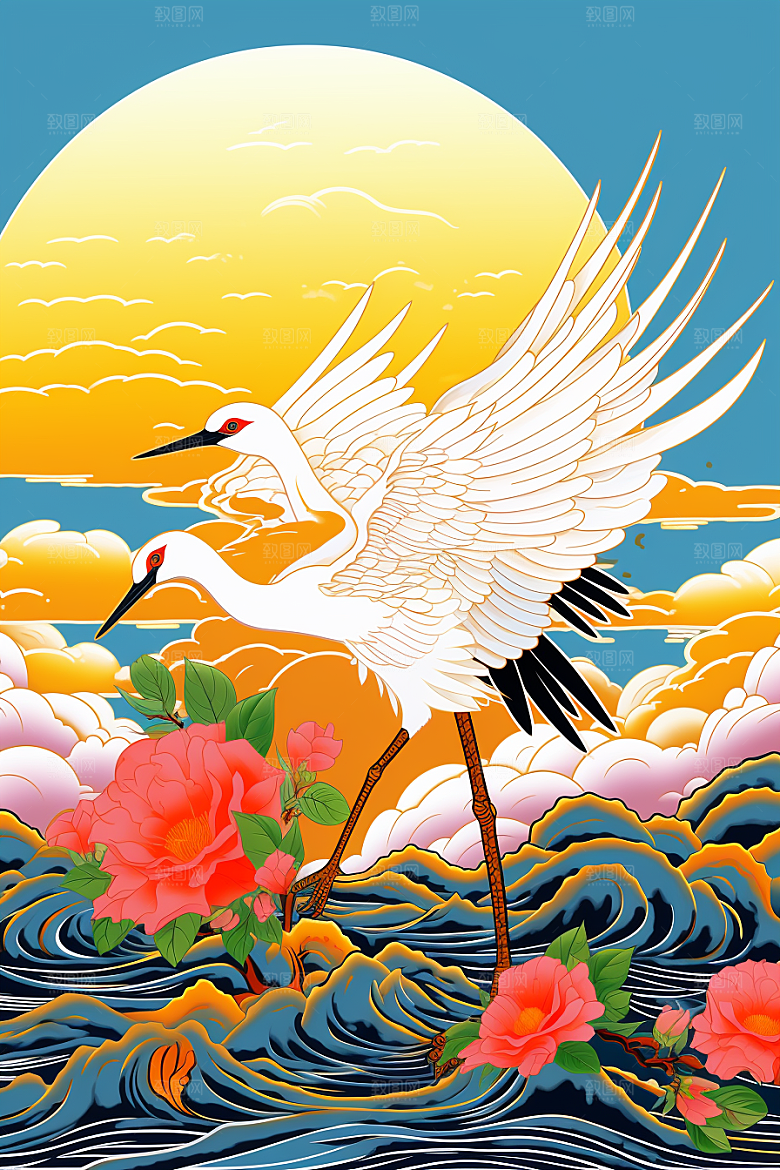 浮世绘丹顶鹤中国风高清插画