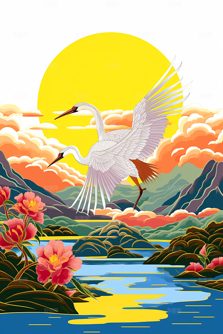 浮世绘丹顶鹤中国风吉祥图案插画