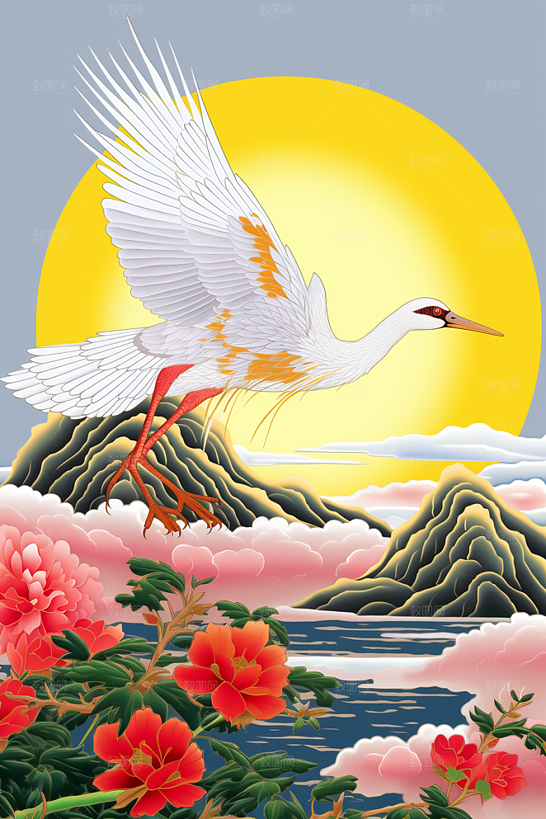 浮世绘丹顶鹤工笔画新中式插画