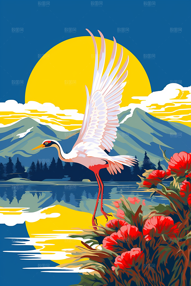浮世绘丹顶鹤国画工笔画插画