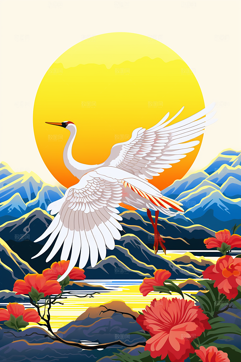 浮世绘丹顶鹤新中式吉祥图案插画
