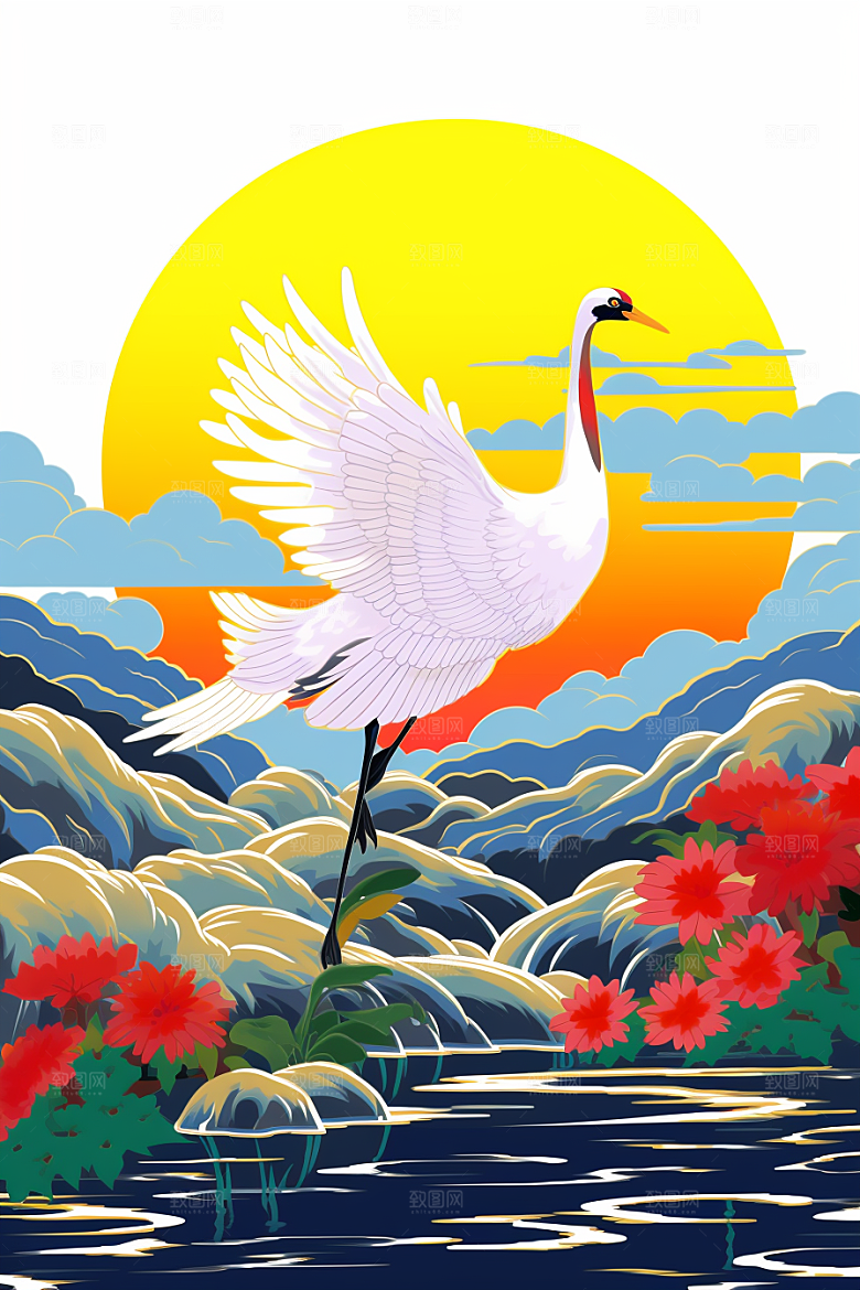 浮世绘丹顶鹤山水高清插画